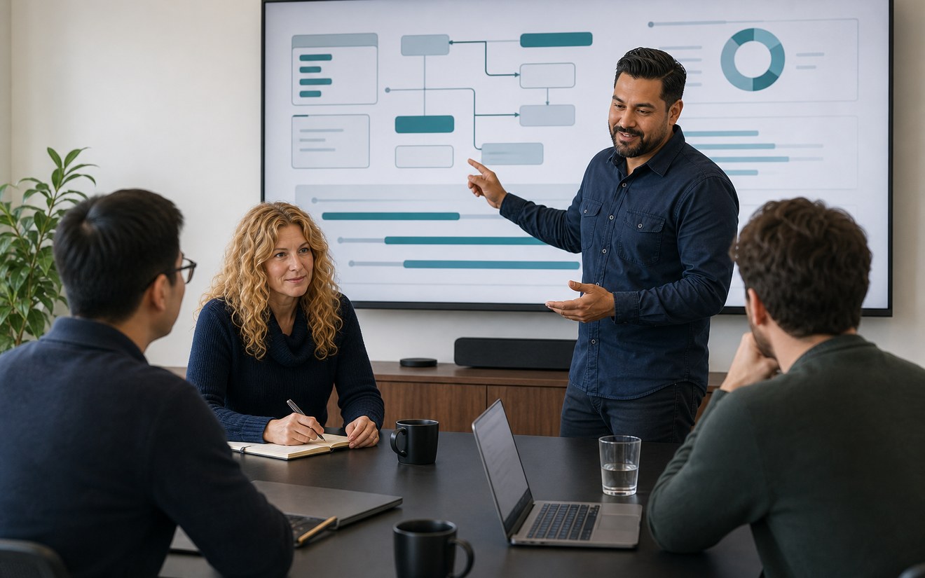 Project team presenting a website launch and workflow review