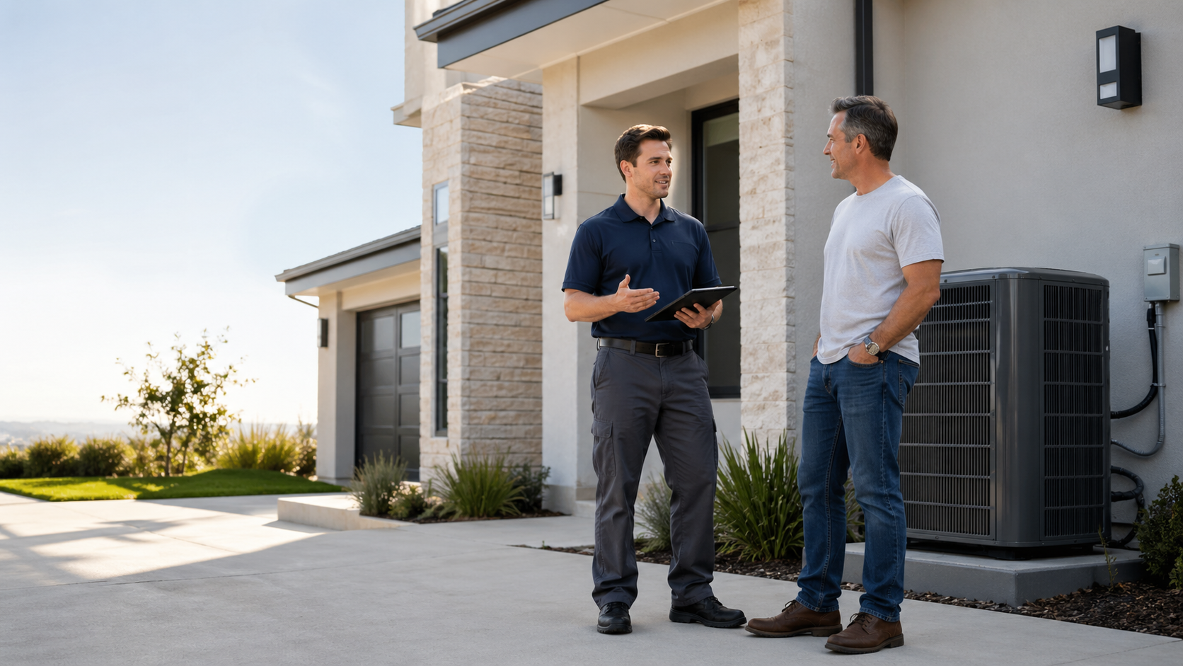 HVAC professional consulting with a homeowner beside a residential unit