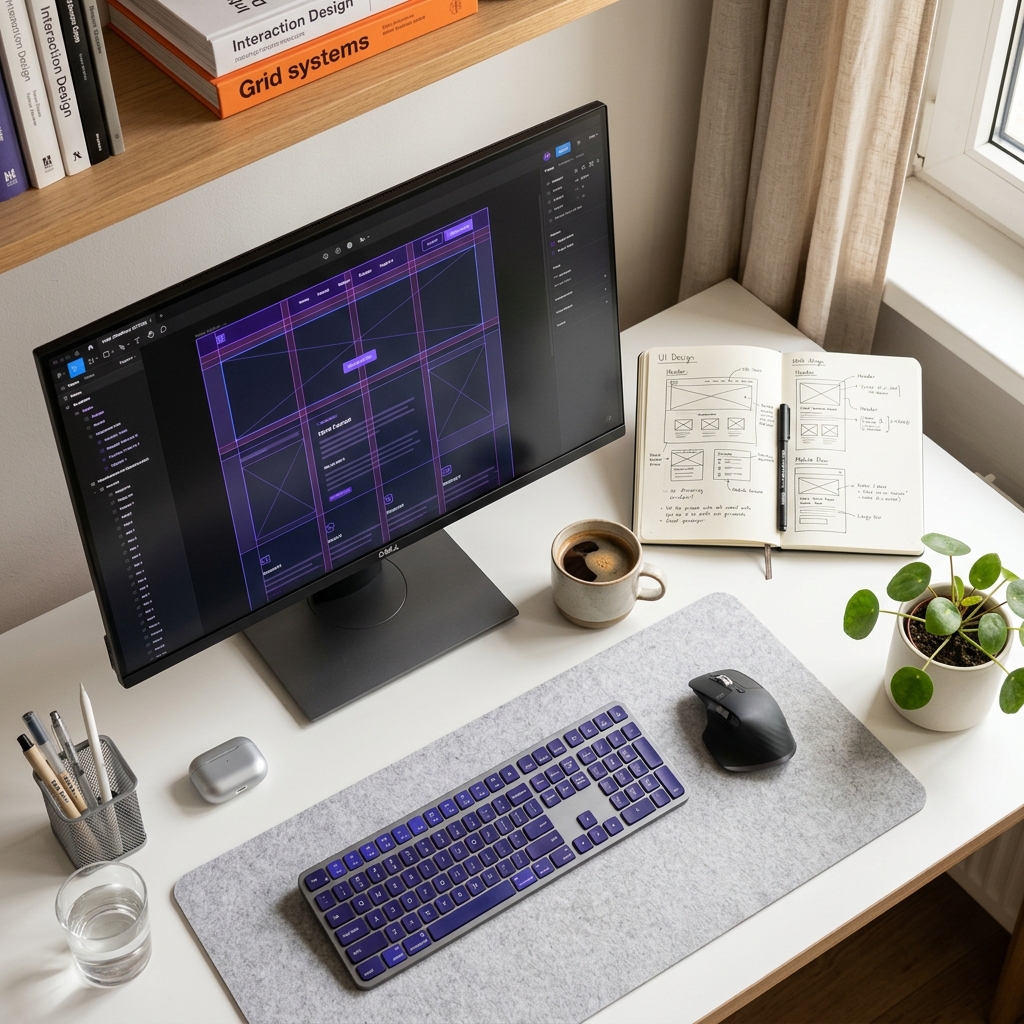 Web designer workspace with wireframe sketches